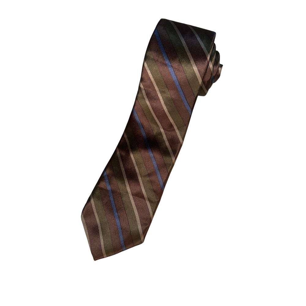 Oscar de la‎ Renta VTG Silk Tie Brown Blue Green Tan Striped Diagonal  Necktie